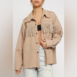 Tan Bejeweled Fringe Denim Jacket, size Medium, NWT